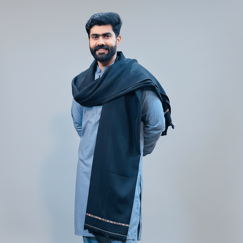Pure Wool Shawl For Men - Black - Shoulder Drape Style