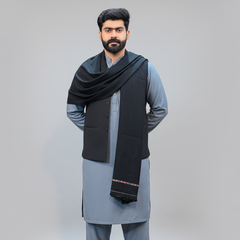 Pure Wool Shawl For Men - Black - Front View with Waistcoat Style