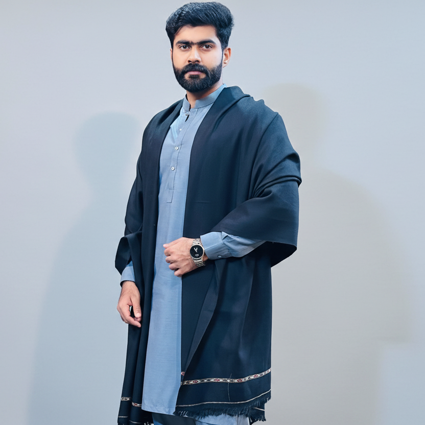 Pure Wool Shawl For Men - Black - Full Drape View