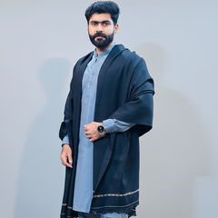 Pure Wool Shawl For Men - Black - Full Drape View